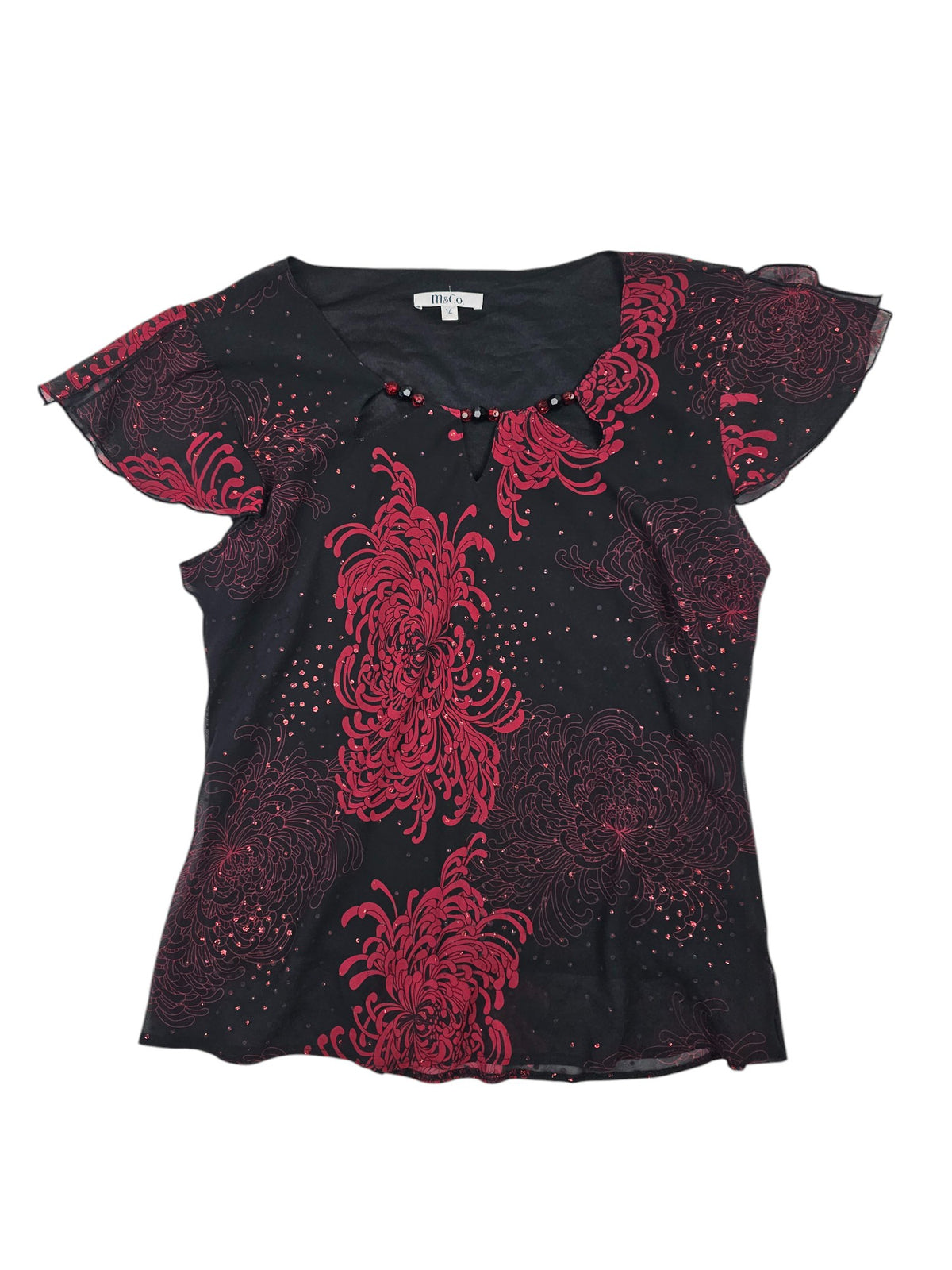Vintage Y2K Black Blouse with Red Sequin Embellishments l Size Small