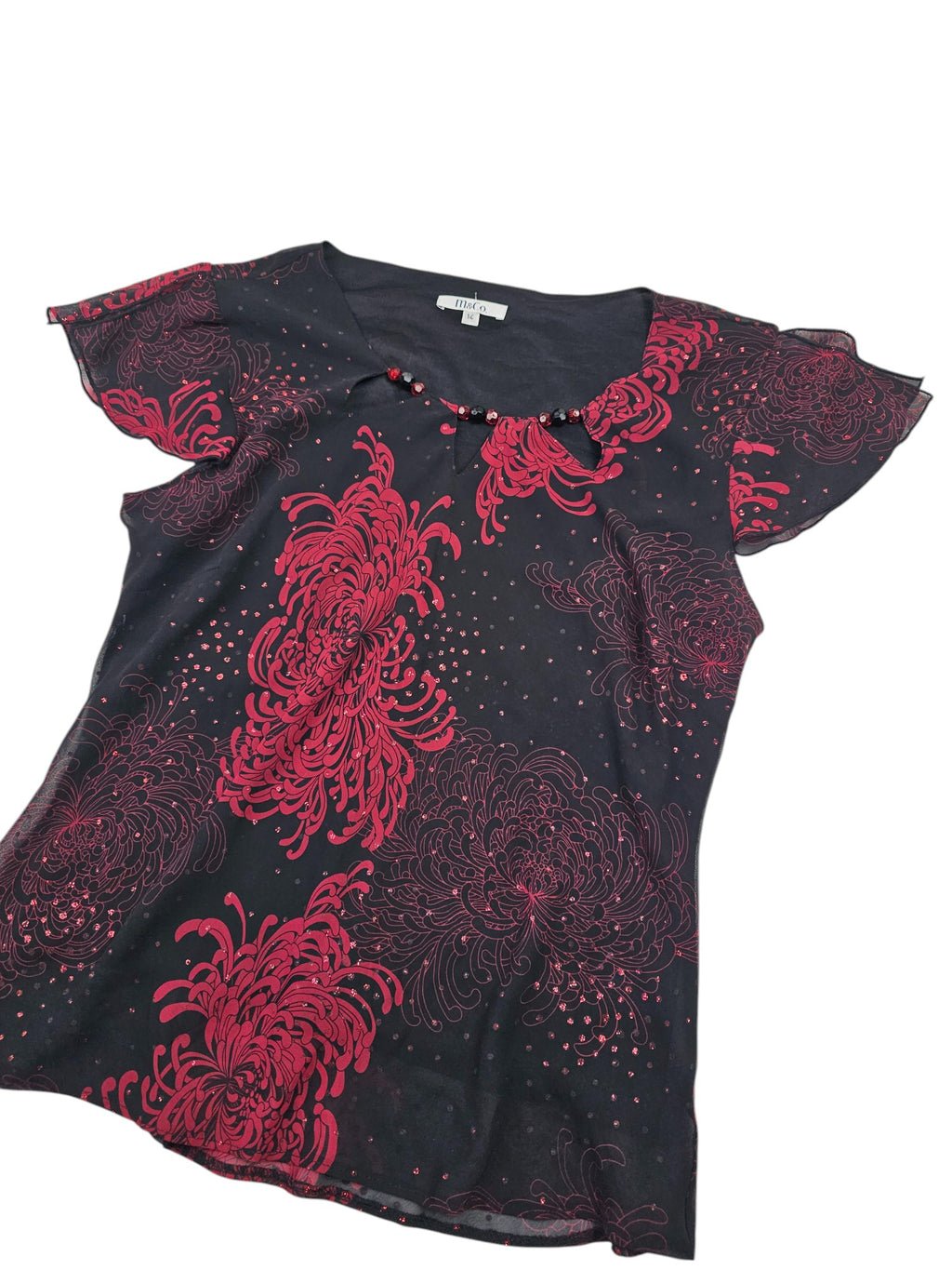 Vintage Y2K Black Blouse with Red Sequin Embellishments l Size Small